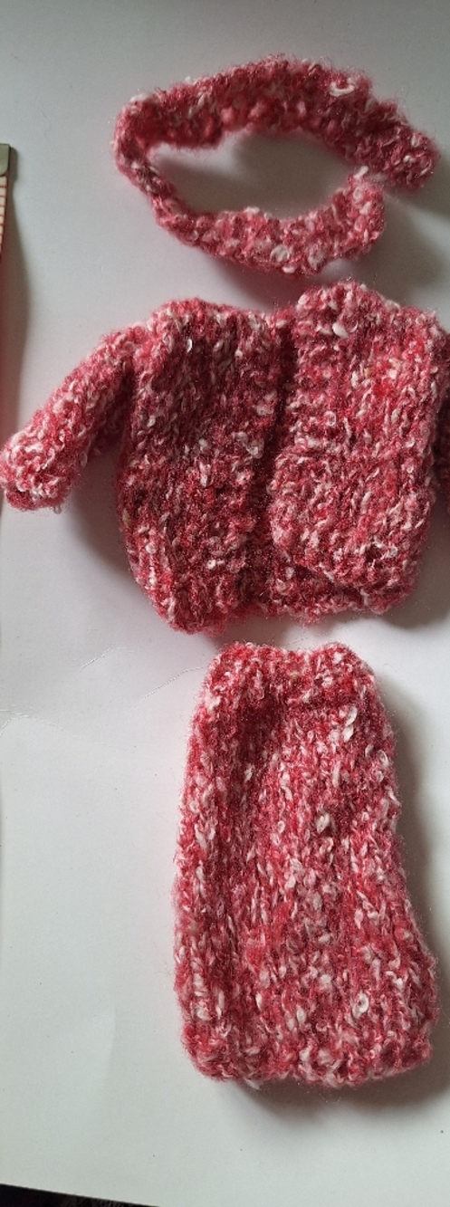 Handmade Pink Speckled Doll Sweater, Skirt & Scarf Set